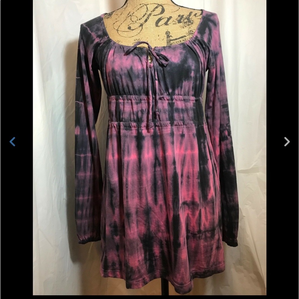 Yogi Pink Black Tie Dye Tunic Dress Keyhole Tie
